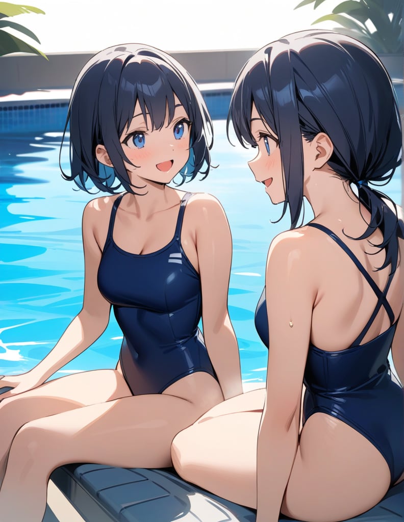 Masterpiece, Top quality, High definition, Artistic composition, 2 girls, smiling, talking, girlish gestures, sitting by the pool, looking away, navy blue swimsuit, looking happy, bold composition