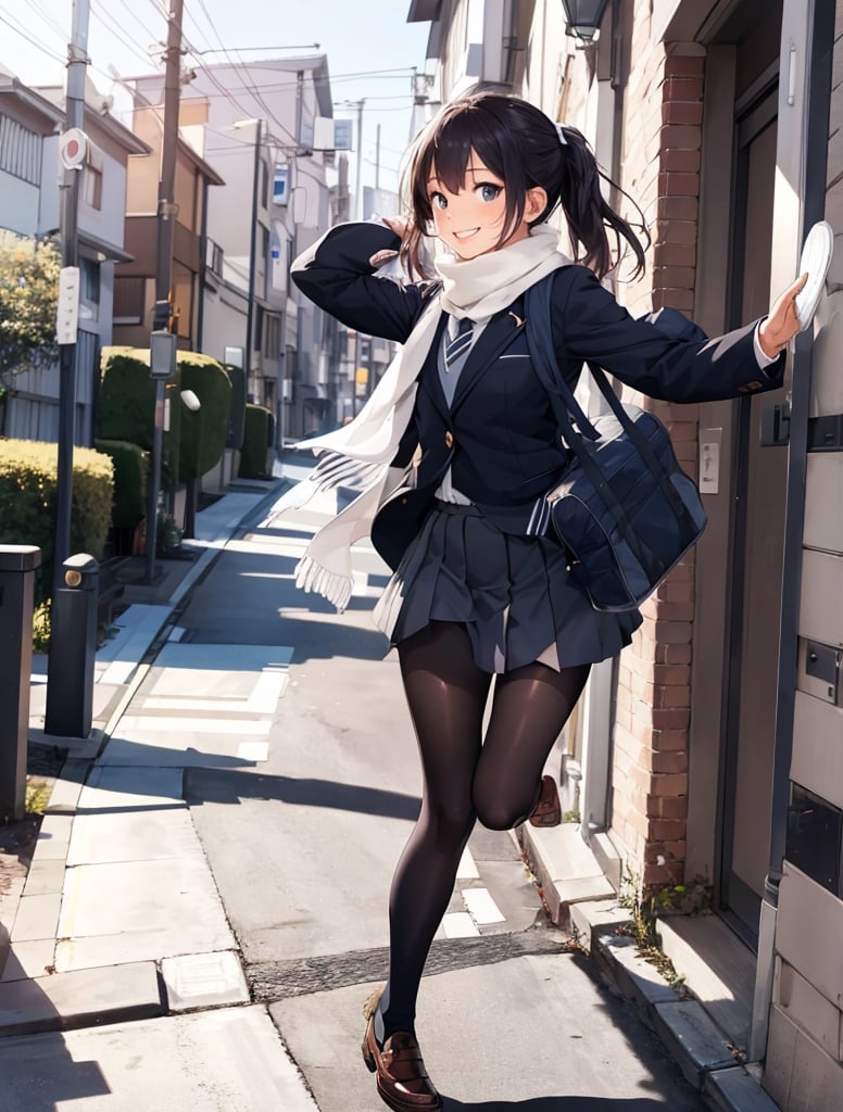 Masterpiece, Best Quality, 1 girl, smiling, raising right hand, greeting, blazer, school uniform, school uniform, school bag, pantyhose, Japan, morning, schoolbag, running, full body, side view, artistic composition, refreshing, high definition, strong sunlight, white scarf