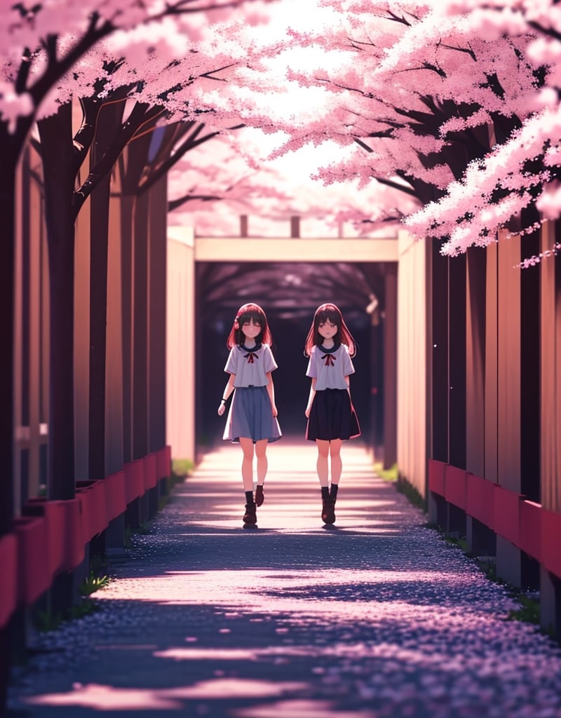  Masterpiece, Top quality, High definition, Artistic composition, 2 girls, smiling, smiling with mouth open, walking and talking, cute gesture, tunnel of cherry trees in watercolor style, spring coordination, portrait, cherry blossom in full bloom, wide shot, cherry blossom frame,<lora:659111690174031528:1.0>