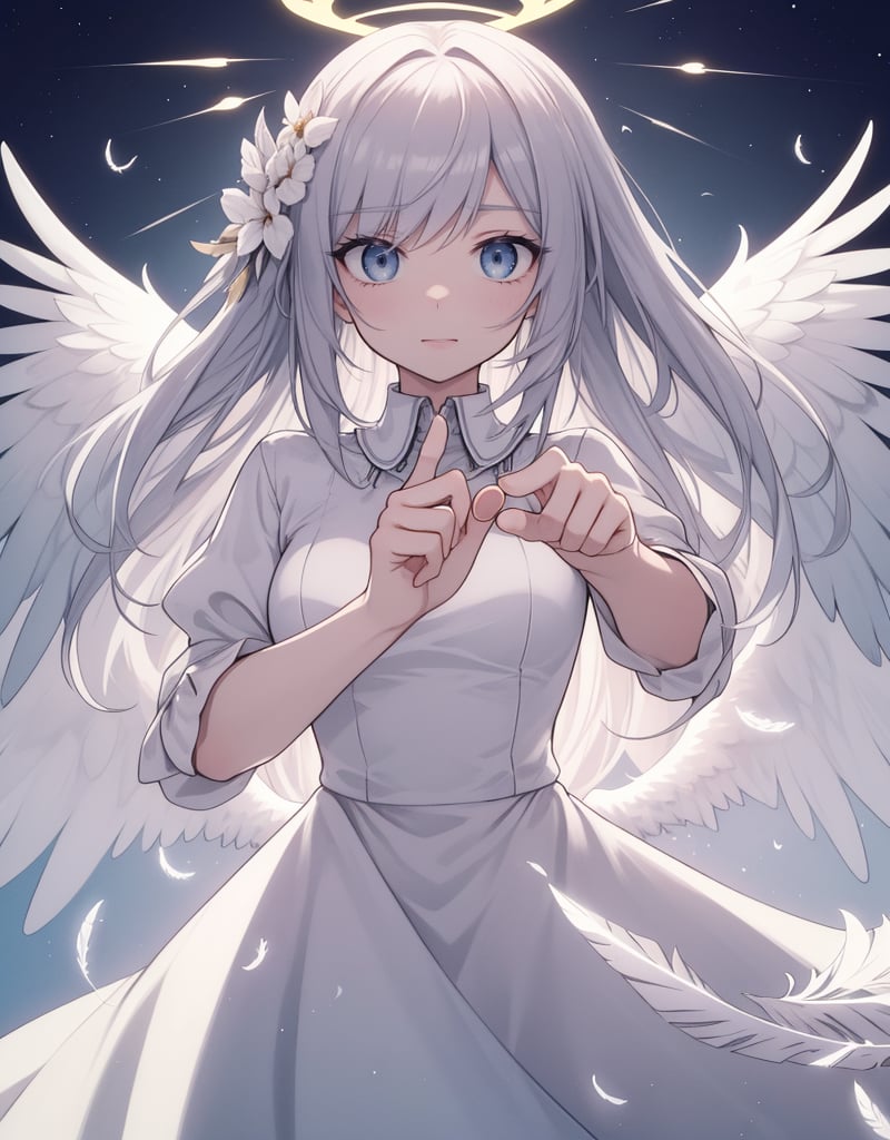 (masterpiece, top quality), high definition, artistic composition, 1 woman, angel, looking down, pointing at me, close-up of fingers, beautiful light, halo, rainbow, beautiful angel feathers, calm eyes, dancing bird feathers, dramatic, striking light, scary face
