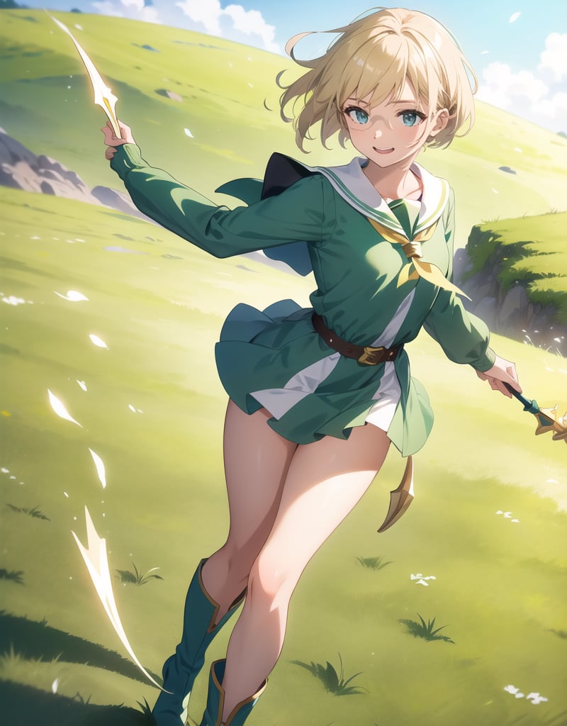 Masterpiece, Top Quality, High Definition, Artistic Composition,1 girl, green sailor-like battle dress, holding stylish spear, wind blowing, green meadow, short blond hair, gold-rimmed round glasses, warrior, fantasy, white and gold boots, bold composition, smiling,photograph