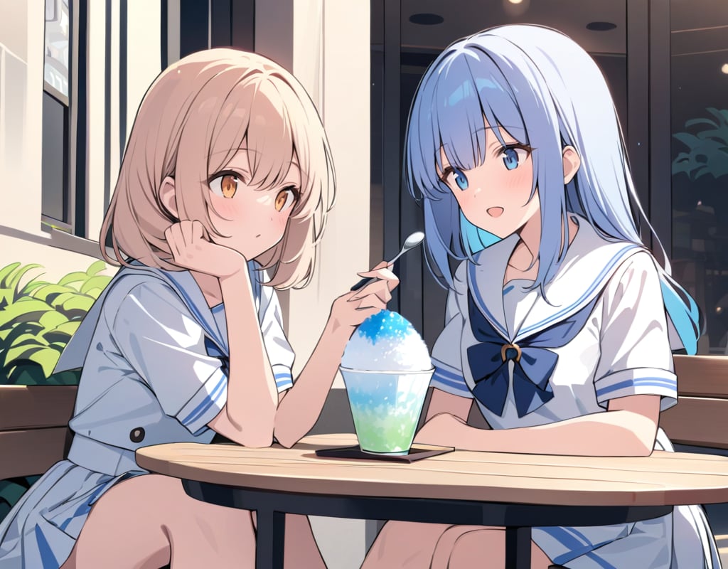 (masterpiece, top quality), high definition, artistic composition, two girls, open cafe, sitting opposite each other, shaved ice, spoon in hand, talking, looking away, sailor suit, school uniform, summer dress, crossing legs, feminine gesture, side view, portrait, summer, hot, excited