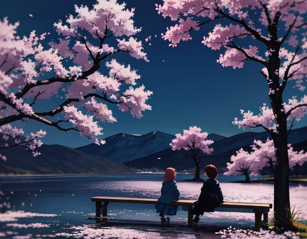  Masterpiece, top quality, high quality, artistic composition, two women, sitting on bench, standing, one laughing, one angry, having conversation, spring coordination, cherry blossom trees, cherry blossoms in full bloom, petals dancing, wide shot, looking away, bold composition,<lora:659111690174031528:1.0>