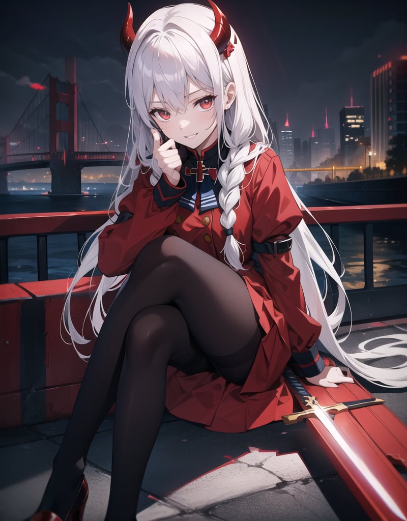 Masterpiece, Top Quality, High Definition, Artistic Composition,1 girl, red sailor suit, sitting cross-legged, from front, battle dress, braids, devilish smile, thumbs up, evening darkness, city lights, black pantyhose, stylish sword, high contrast