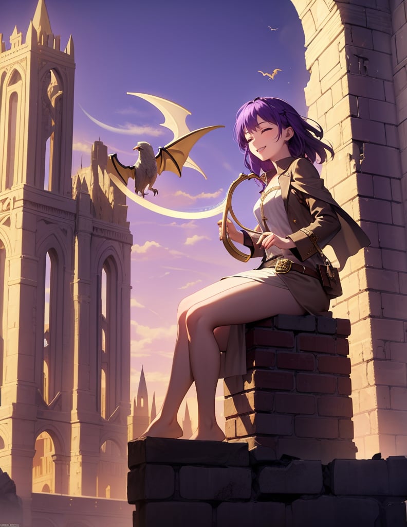 Masterpiece, Top Quality, High Definition, Artistic Composition,1 girl, wizard, beige robe, (playing Celtic harp with eyes closed), ruins, brick building, sitting on broken building, fantasy, smiling, striking, dramatic, dragon flying in sky, bold composition, purple hair