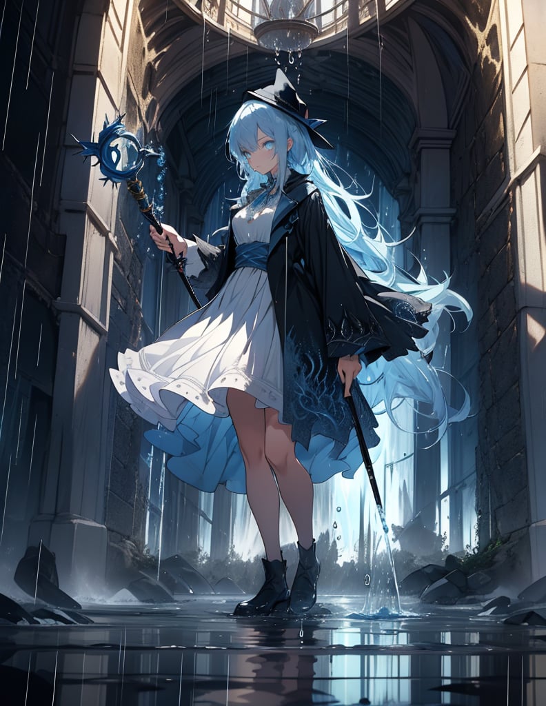 (Masterpiece, Top Quality), High Definition, Artistic Composition, 1 Woman, Blue Wizard, Slender Costume, Cool Magic Wand, Glowing, Serious Face, Standing on Feet, Standing on Toes, Ruined Building District, Water Gushing Out, Water Drops and Light Dancing, Manipulating Water, In Battle, Heavy Rain, Water Smoke, Water Dragon