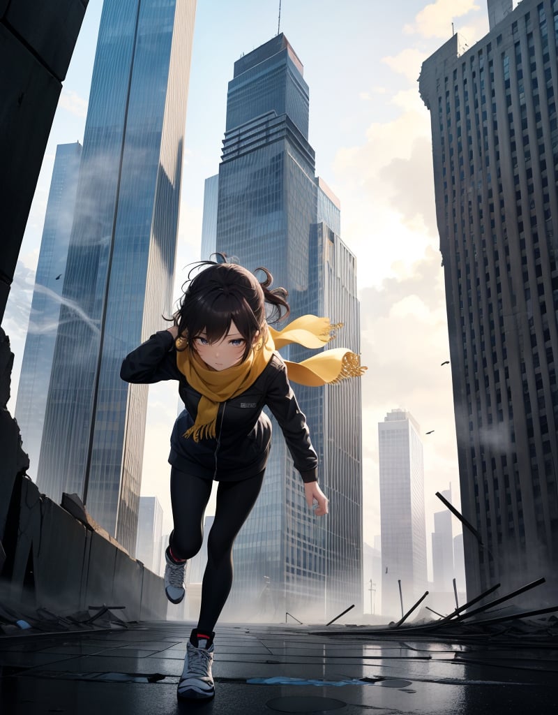 (masterpiece, top quality), high definition, artistic composition, 1 girl, leaning forward, running, action pose, long yellow scarf blowing in the wind, hair tied on head, skyscraper city, ruins, broken road, cloudy, dark, dramatic, smoking