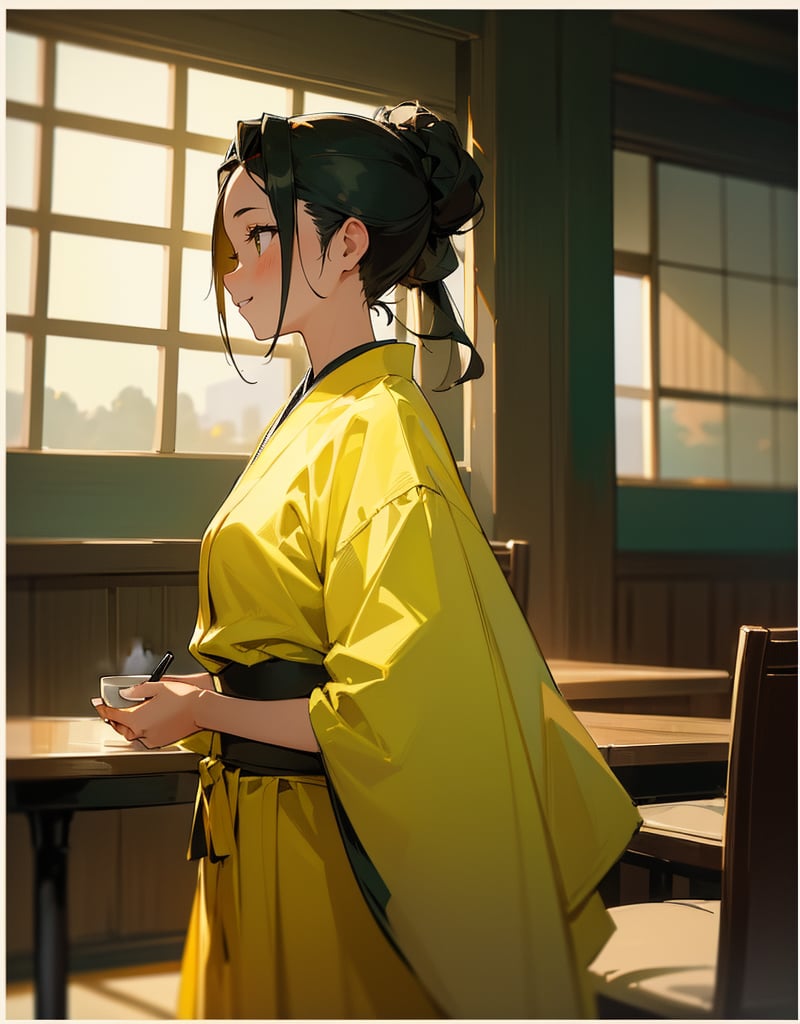 (masterpiece, top quality), high definition, artistic composition, 1 girl, dark hair, hair tied back, family restaurant clerk, smiling, Japanese family restaurant, coffee offered on table, green and yellow uniform, cute costume, from side, looking away