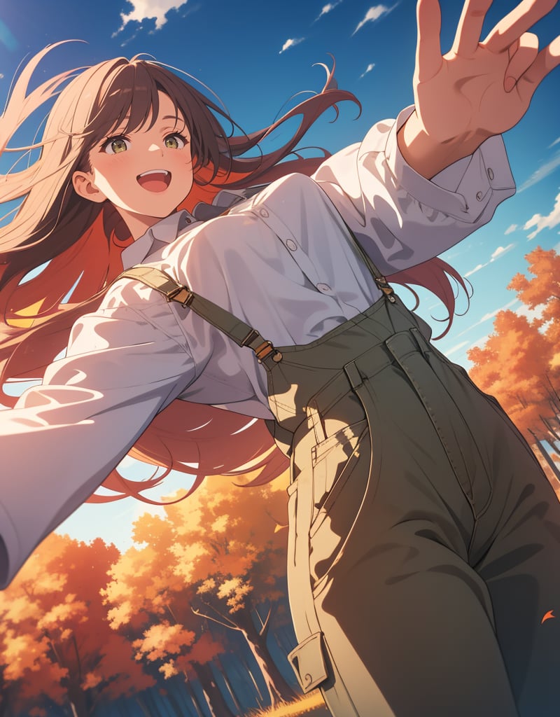 (masterpiece, top quality), high definition, artistic composition, 1 woman, long hair, hands outstretched, white shirt, khaki overalls, frolicking, open mouth smile, spinning, from below, cowboy shot, Dutch angle, autumn sky, country fashion, vibrant, bold composition