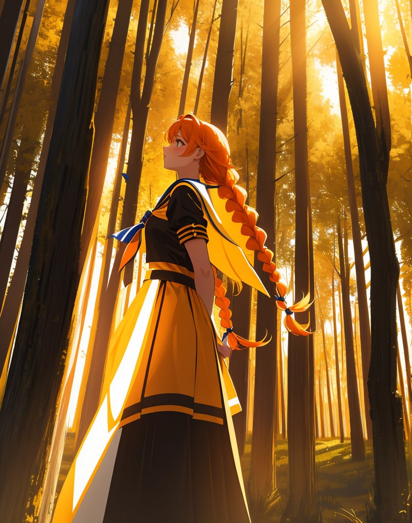 (masterpiece, top quality), high definition, artistic composition, 1 woman, yellow sailor-like battle dress, warrior, holding large stylish bow, woods, striking light, sunlight filtering through trees, high contrast, bold composition, orange hair, long braids, fantasy, stalking prey, ruins