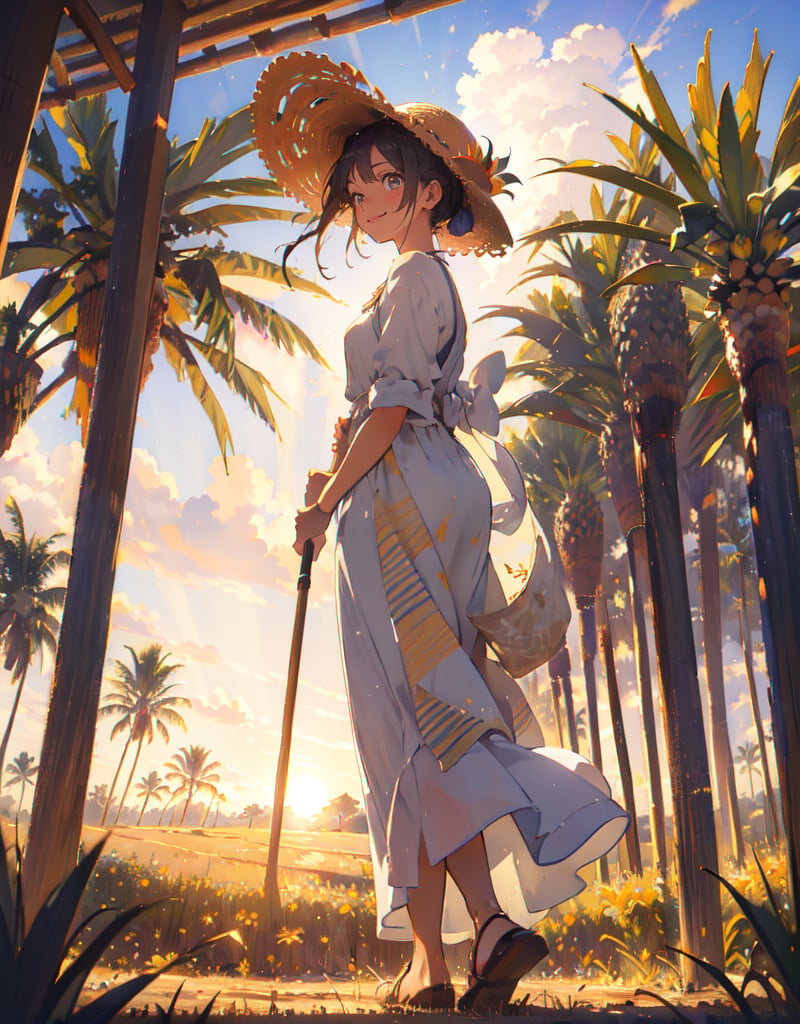 (masterpiece, top quality), high definition, artistic composition, 1 girl, pineapple field, standing tall, wearing gray work clothes, straw hat, holding hoe, looking up to heaven, smiling, wiping sweat from forehead, hair tied back, healthy, striking light, portrait, bold composition, from below, Looking away, full body, at work
