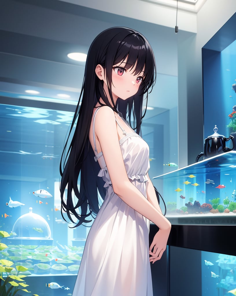 (masterpiece, top quality), high definition, artistic composition, 1 girl, looking away, white dress, black hair, dark indoor, aquarium, fantastic, dramatic, ennui