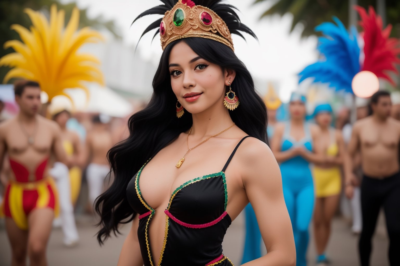 she is fit, with long black hair, slim body, perfect eyes, candid, extremely realistic, high detail,z1l4, :), latin, wearing neckless and earings, high hills, perfect arms and hands, full body, carnaval, samba