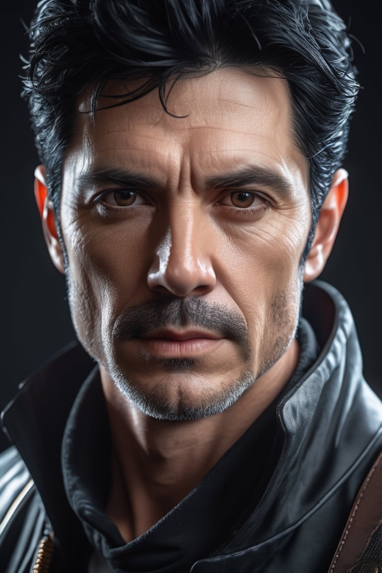 A middle age man with black hair facing the camera, digital art, 8k, future, Cinematic, Photography, Ultra - Wide Angle, Depth of Field, hyper - detailed, insane details, intricate details, beautifully color graded, Unreal Engine 5, Cinematic, Photoshoot, Shot on 25mm lens