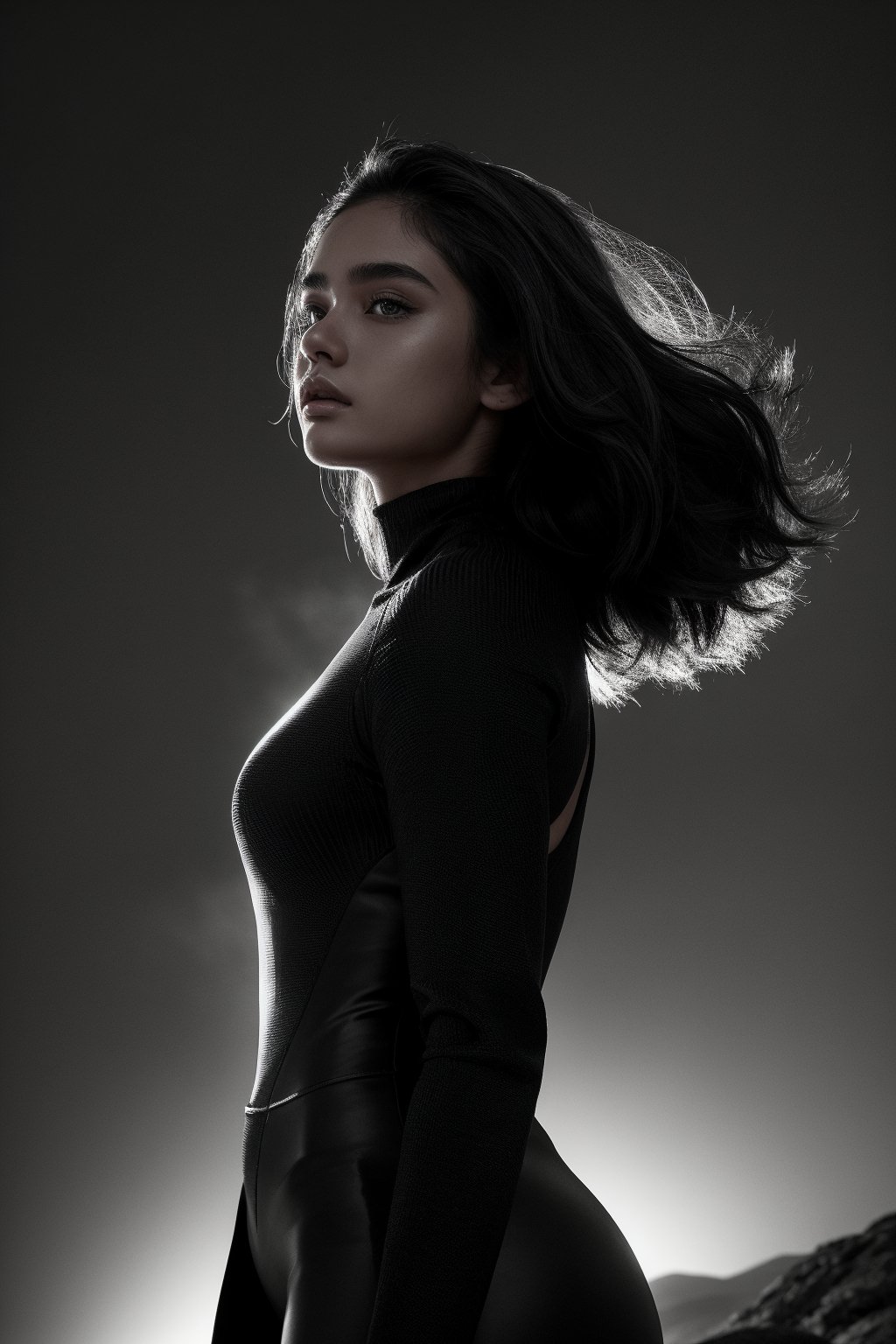 In a dramatic, high-contrast monochromatic composition, a futuristic sci-fi tween girl stands majestically against a mystical, open spaces background bathed in warm, chiaroscuro-like lighting. Her bronzed skin glows with hyperrealistic detail, textured curves and contours rendered with precision. The macro zoom captures her full body, showcasing every pore, hair strand and fabric fiber in exquisite, breathtaking detail.