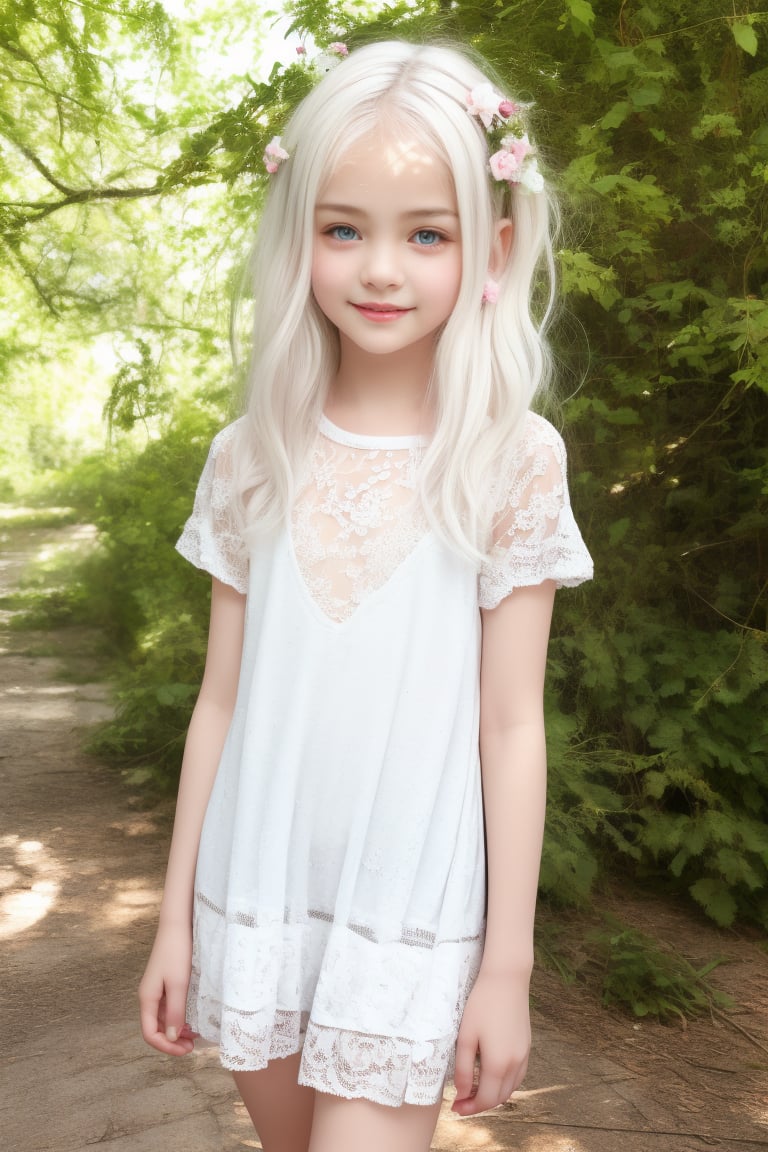 Full body view of  11 yo little tween girl, tween girl, white hair, smiling face, blue eyes, blush, blushed, blushing, pale white skin,slender girl, beautiful face, masterpiece, 8k, HDR, hyperrealistic, beautiful face, perfect body, happy, smile, fun, childish hippie wear, wearing only a alluring Hippie dress, smile, petite, lolicon, cute, sweet, pov, stunning use of shadows, in the syle of crisp lines and forms, UHD, shot on a Sony A7III --ar 1:2 --style raw --stylize 250,csr style,High detaild images sharpness, beautiful face, masterpiece, 8k, HDR, hyperrealistic,  photorealistic, RAW photo, best quality,tween girl body by David Dubnitskiy,Detailedface