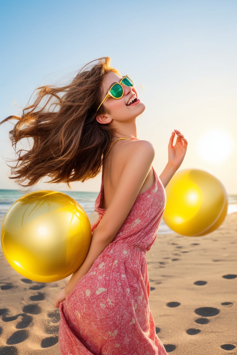 A radiant tween girl bursts forth on a bright yellow background, her expression a masterpiece of silliness, as golden lighting casts a warm glow, infused by the sun's gentle rays. She's posed playfully, perhaps juggling beach balls or wearing oversized sunglasses, her face aglow with unbridled mirth.