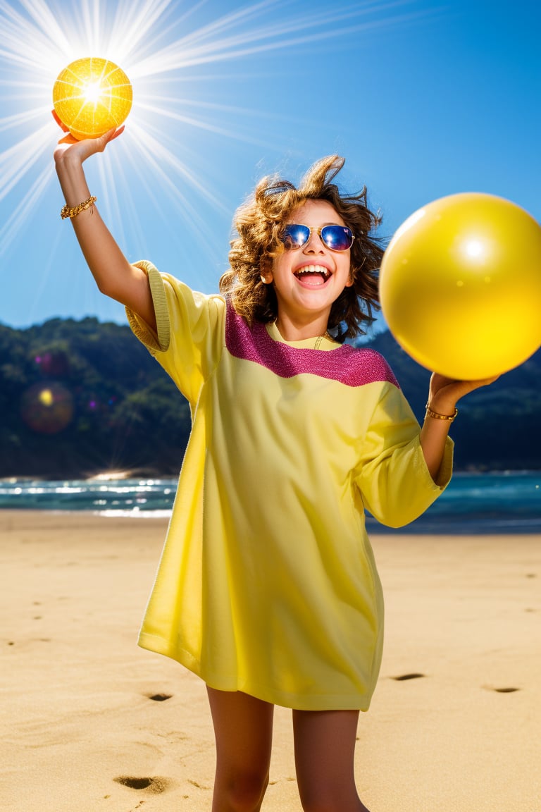 A radiant tween girl bursts with joyful abandon on a bright yellow background, her expression a masterpiece of silliness. Golden lighting casts a warm glow, as if infused by the sun's gentle rays. She's posed playfully, perhaps juggling beach balls or wearing oversized sunglasses, her face aglow with unbridled mirth.