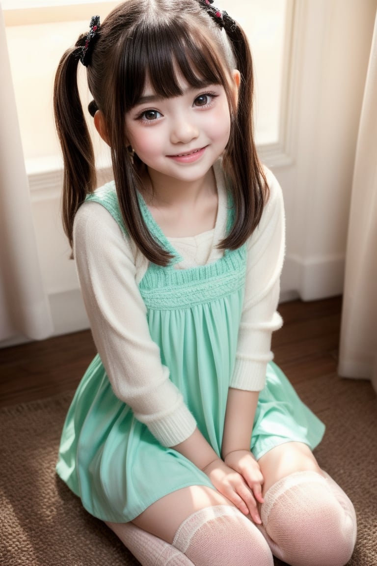 A masterpiece of innocence and charm: a cute loli girl sits proudly in a low-angle shot, her smile beaming as she showcases her short dress and matching stockings. The camera captures the intimacy of her pose, framing her from directly above to accentuate her youthful beauty. A hint of underwear peeks through the dress, adding to the allure. Her kawaii expression radiates warmth and friendliness.