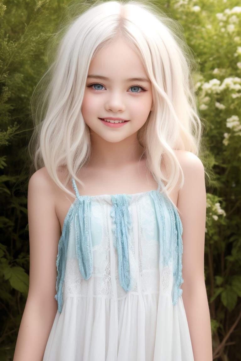 A stunning full-body shot of an 11-year-old little tween girl with white hair, beaming smile, and piercing blue eyes. Her blushed cheeks add a touch of innocence. She's clad in a flowy hippie dress that accentuates her petite frame, showcasing her slender yet beautiful body. The lighting is masterful, using shadows to create crisp lines and forms. The Sony A7III captures every detail with crystal clarity, rendering an 8K HDR masterpiece with photorealistic sharpness. Her smiling face is a work of art, with fine details like eyelashes and skin texture visible. The overall effect is hyperrealistic, as if straight from a RAW photo.