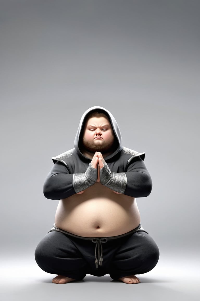 fat cute ninja with a belly, funny facial expressions, Exaggerated action,praying, 3D character, a little hairy, elongated shape, cartoon style, minimalism,