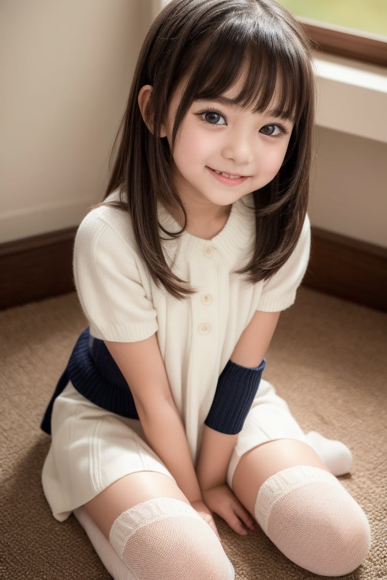 A masterpiece of innocence and charm: a cute loli girl sits proudly in a low-angle shot, her smile beaming as she showcases her short dress and matching stockings. The camera captures the intimacy of her pose, framing her from directly above to accentuate her youthful beauty. A hint of underwear peeks through the dress, adding to the allure. Her kawaii expression radiates warmth and friendliness.