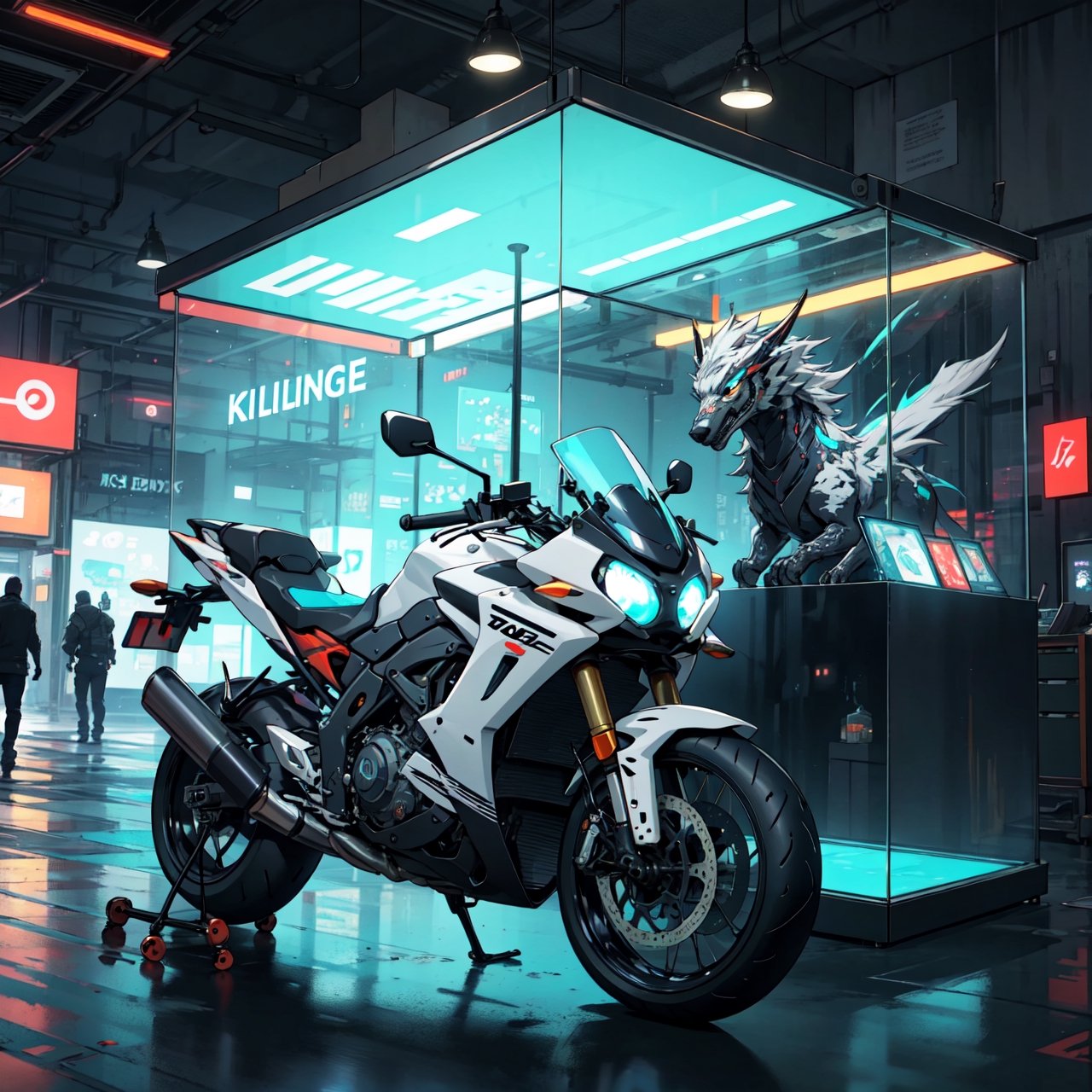 1boy,Hye, jet, modified, photography, cyberpunk city, futuristic bike detailed bike, glowing power aura, from front
,yhmotorbike,KnollingCaseQuiron style,KnollingCase,glass case,display case,no humans,scenery