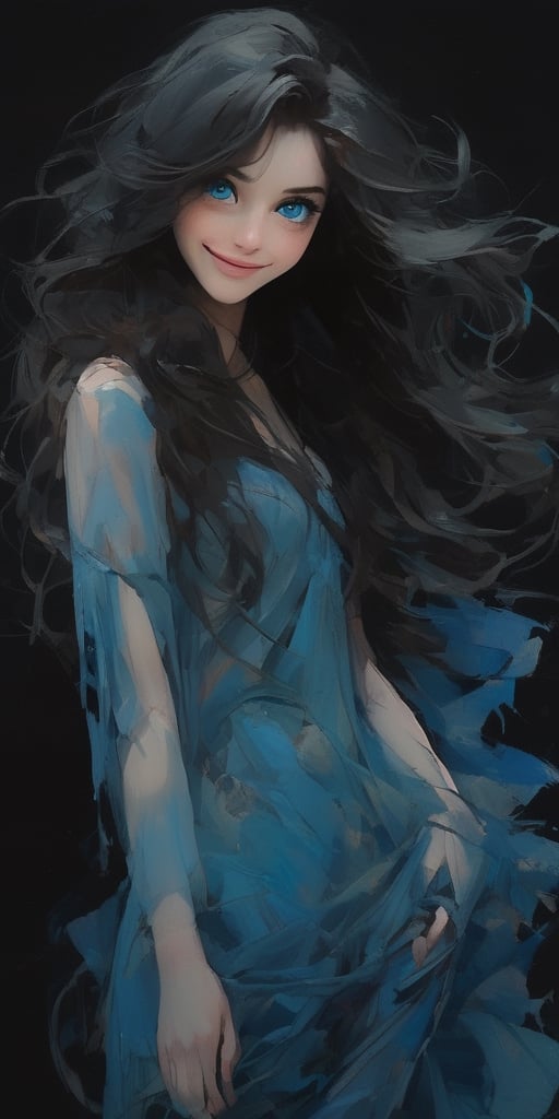 extremely beautiful anime girl, 25 yo, cyan_body, full body, in the style of nicola samori, blue eyes, long dark hair, smiling at viewer,