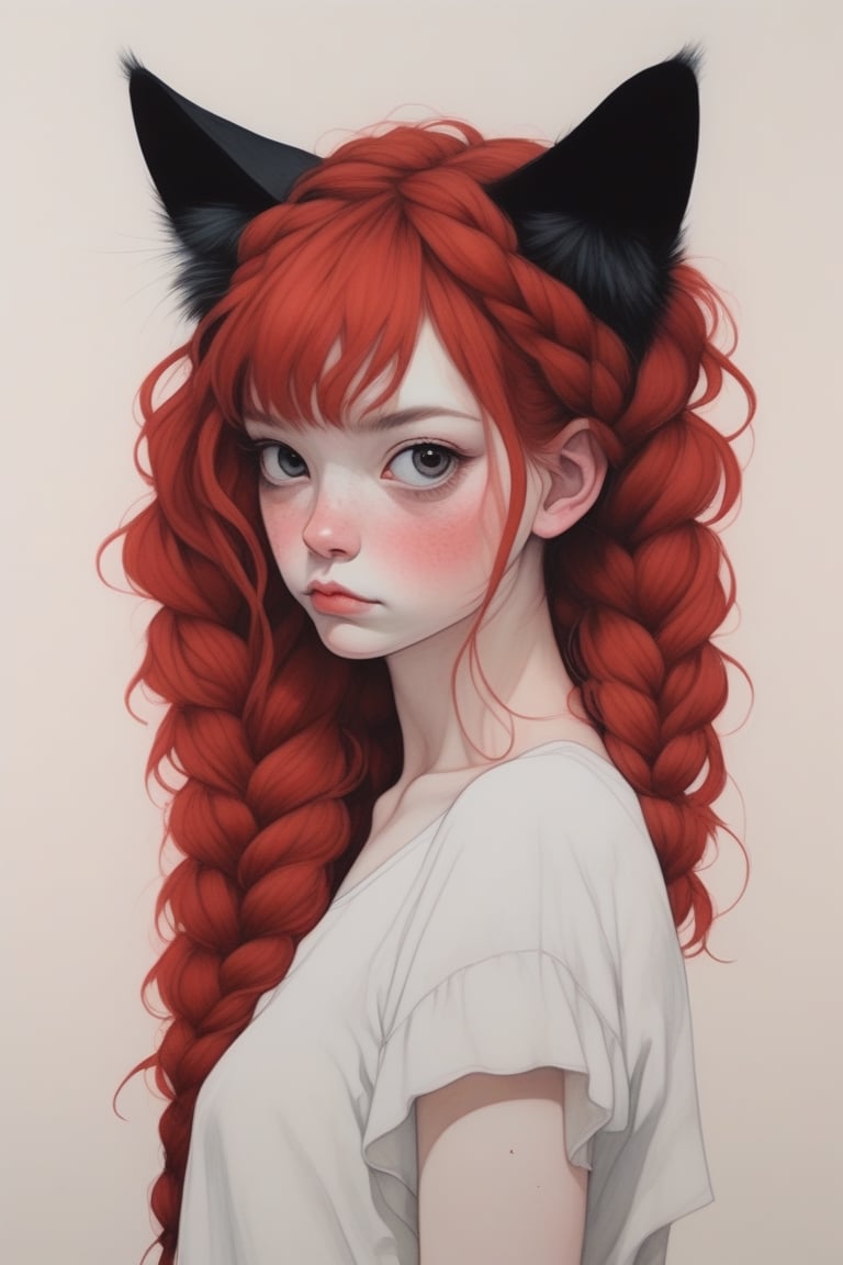 (in the style of Conrad Roset, Nicola Samori), ultra realistic, (arbitrarily beautiful:1.4), full body, sexy female, (red hair, braids, cat ears), more detail XL