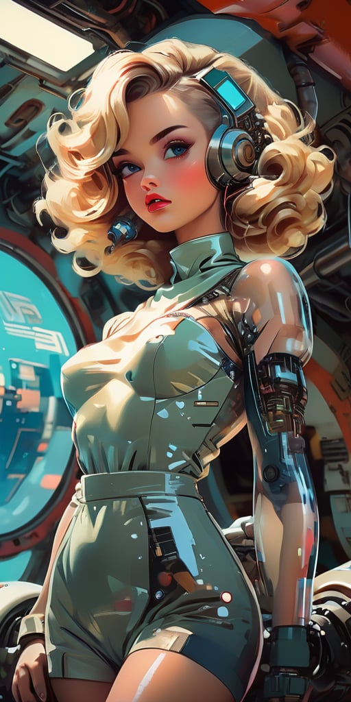 from below, (beautiful pinup girl by Loish, Leyendecker, James Gilleard), (European, blonde glam hair), in the engineering bay, cute face, anatomically_correct, (sexy and aesthetic), (cybernetic, cyborg:0.3), vintage 1970s theme and color pallete, retro futuristic, space ship interior background, cyberpunk, txznmec, Cinematic, more detail XL