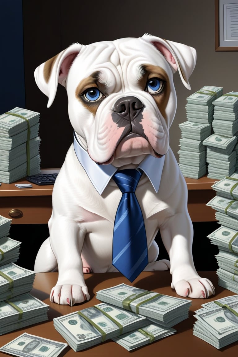 american bulldog, spot over one eye, sitting at a desk, (surrounded by white money bags), cute, wearing a white collar and blue bussiness tie, cartoon, realist,CuteCartoonAF,Cute Cartoon