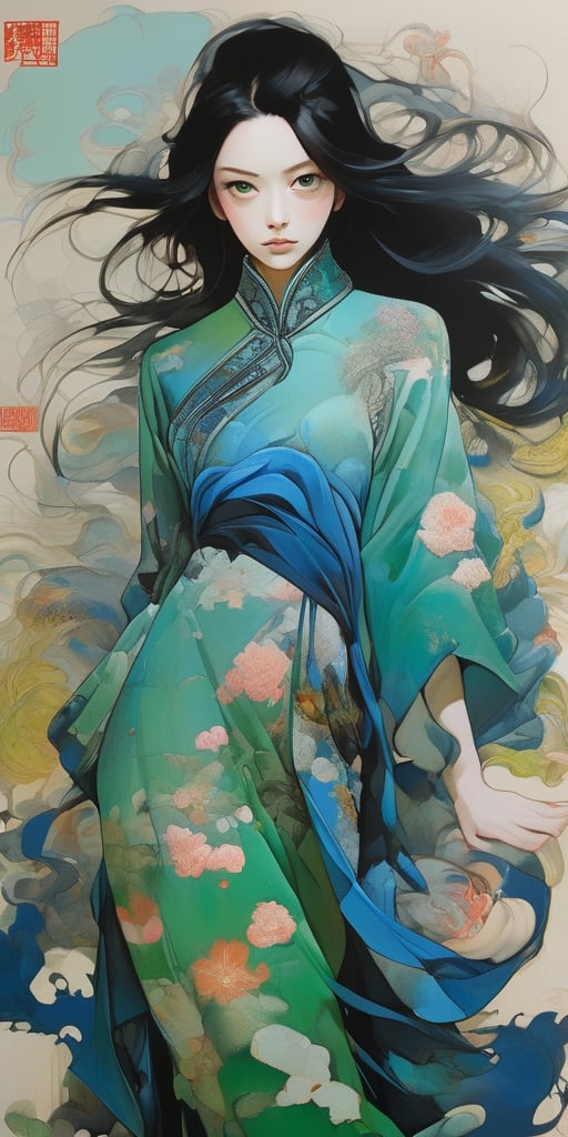 extremely beautiful anime girl, (chinese girl), full body, in the style of nicola samori, (sharp green eyes), (blue chinese dress), long dark hair, smiling at viewer, (by james jean $,  roby dwi antono $,  ross tran $. francis bacon $,  michal mraz $,  adrian ghenie $,  petra cortright $,  gerhard richter $,  takato yamamoto $,  ashley wood $)