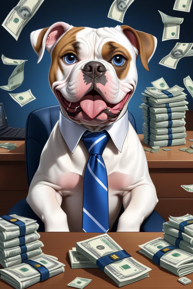 american bulldog, spot over one eye, tongue hanging out, sitting at a desk, (surrounded by white money bags), cute, wearing a white collar and blue bussiness tie, cartoon, realist,CuteCartoonAF,Cute Cartoon