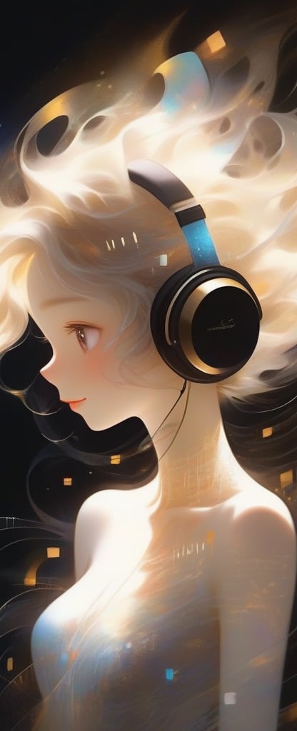 A mesmerizing portrait of a charming young woman bathed in the warm glow of bioluminescent notes and glowing headphones. With her head slightly tilted, she lovingly looks at the viewer, her gentle smile promoting a sense of peace and joy. Her alluring figure is set against a dark, dreamscape background, where heavy brushstrokes evoke a sense of mystery. The X-ray-like transparency reveals intricate mystical aura surrounding her, as if she's conjuring up magic. Vibrant music notes swirl around her, blending with the double exposure effect to create a hyperrealistic fusion of fantasy and reality. The golden ratio guides the composition, leading the viewer's eye through a dynamic dance of light and shadow, culminating in a truly magical masterpiece.