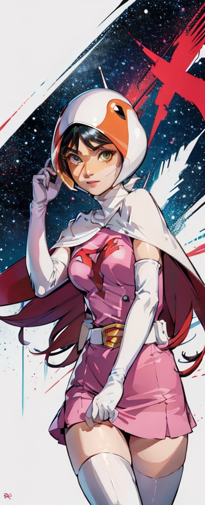 ((pinup, poster)), (Jun from Gatchaman by Carne Griffiths, Conrad Roset), ultra realistic, beautiful, masterpiece, 32K, HDR, (mixed race American-Japanese, super cute face), lanky, swan-head-like helmet with a transparent glass plate like a beak covered the front face, cloak with jagged shapes in the end, white thigh highs, white elbow gloves, white belt, pink superhero-like mini skirts suit, naturally sexy, {masterpiece:1.3}, {best quality:1.2}, {ultra-detailed::1.4}, (exquisite make-up face:1.2),
