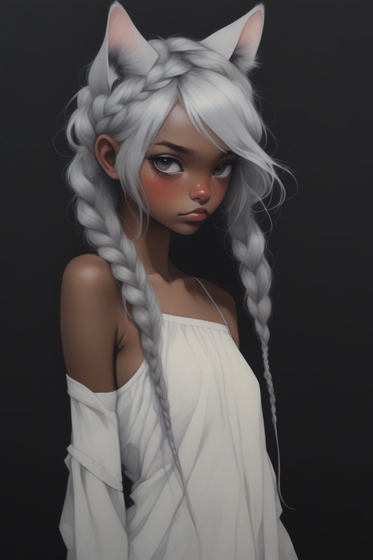 (in the style of Conrad Roset, Nicola Samori), ultra realistic, (arbitrarily beautiful:1.4), full body, sexy female, (silver hair, long braids, cat ears), (dark skin:1.5), more detail XL