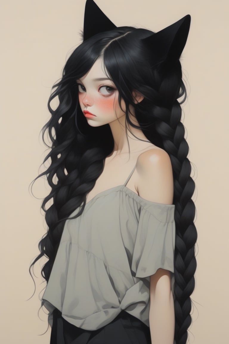 (in the style of Conrad Roset, Nicola Samori), ultra realistic, (arbitrarily beautiful:1.4), full body, sexy female, (shiny black hair, long braids, cat ears), (tanned skin:1.5), more detail XL