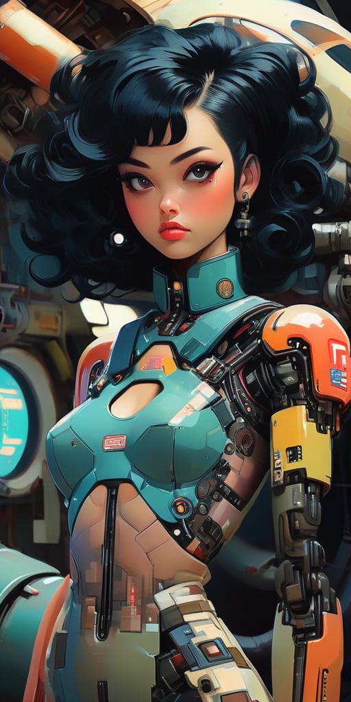 (beautiful pinup girl by Loish, Leyendecker, James Gilleard), (Japnase, black hair, punk style), in the engineering bay, cute face, anatomically_correct, (sexy and aesthetic), (cybernetic, cyborg:0.3), vintage 1970s theme and color pallete, retro futuristic, space ship interior background, cyberpunk, txznmec, Cinematic, more detail XL