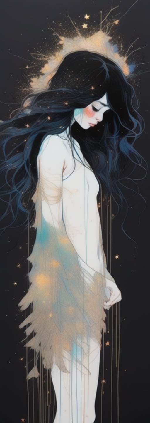 (in the style of Carne Griffiths, Conrad Roset), beautiful, pitchblack background, long flowing black hair full of LED strings and stars, midnight, hands clasped, more detail XL