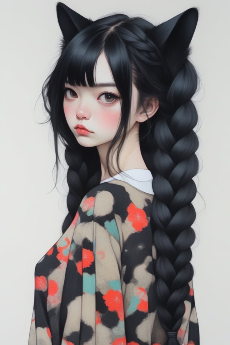 (Japanese girl in the style of Conrad Roset, Nicola Samori), ultra realistic, (arbitrarily beautiful:1.4), full body, sexy female, (shiny black hair, long braids, cat ears), more detail XL