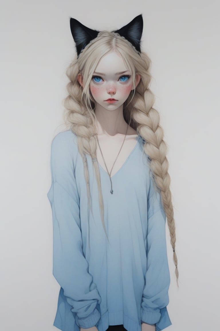 (in the style of Conrad Roset, Nicola Samori), ultra realistic, (arbitrarily beautiful:1.4), full body, sexy female, (blonde, long braids, cat ears), (blue eyes:1.2), more detail XL