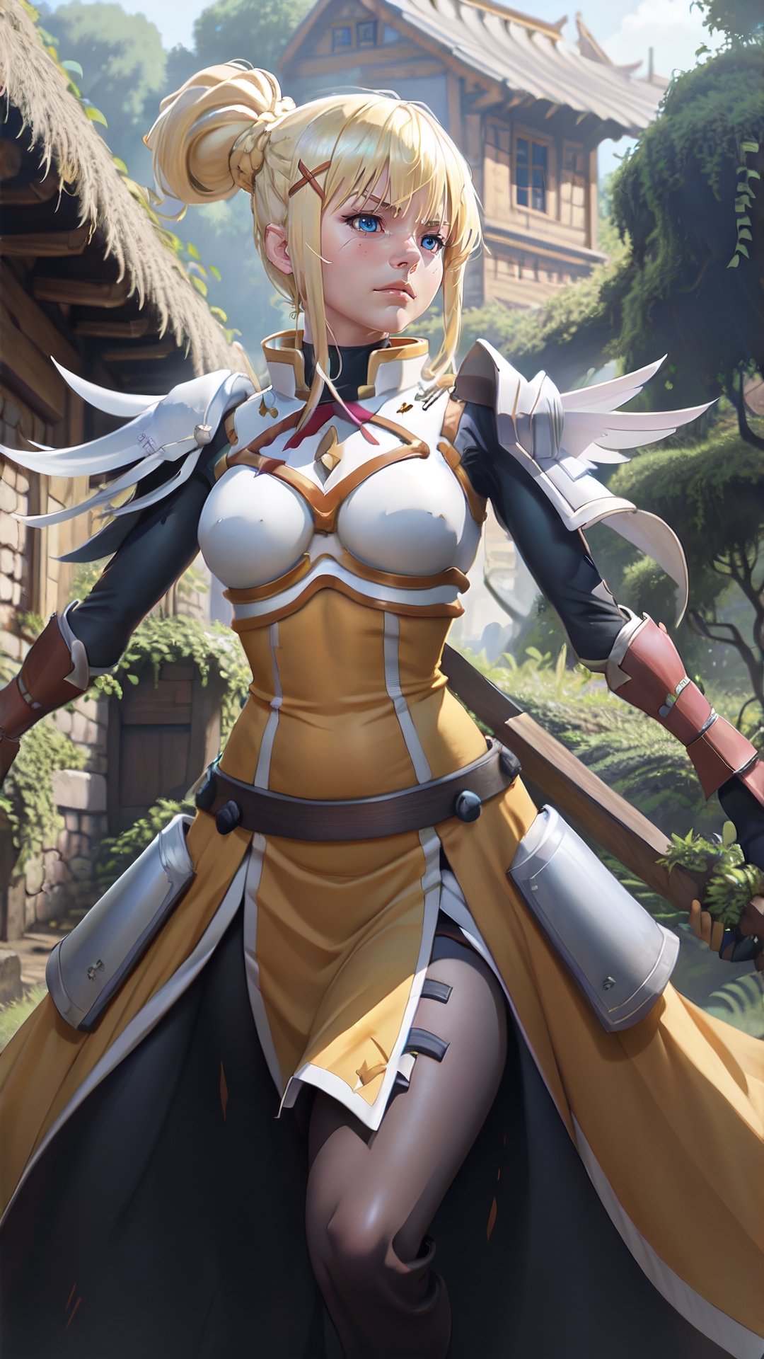 darkness_(konosuba), masterpiece, best quality, highly quality ,  , Dknss-KJ , armor , shoulder armor , gloves , x hair ornament , hair ornament , (shapely) , thighs , vegetation around , standing , angry ,serious look , village , from below,1girl