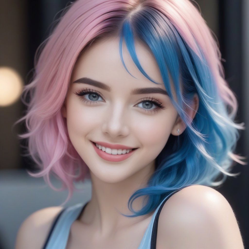 (Half-length image of a teenage girl: 1.4), (with pink and blue hair: 1.3), (pink, blue shiny hair: 1.4), stunning fantasy 3D rendering, toothy smile, (blue eyes: 1.4), (pale white skin: 1.4), upper body, (1 teen girl: 1.4), (beautiful blue eyes: 1.4), two-tone glamorous hairstyle, forbidden beauty, hyperreal, flutter cute aesthetic, detailed human, curly hair , exceptionally beautiful, dating app icon, high quality and high detail, 8k image.