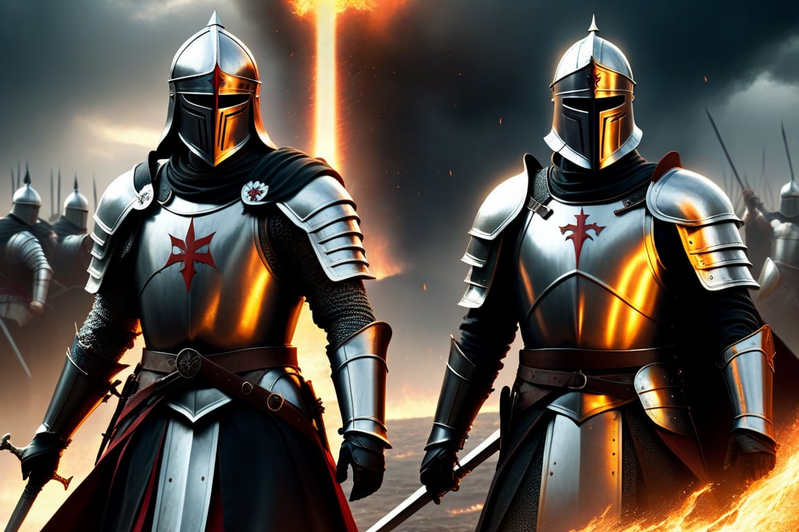 (Two full-length Templar knight: 1.4), with gloves on hands: 1.4), (Realistic human equal: 1.4), low angle bathed in dramatic stormy light, enchanted armor gleaming, reigning victorious amidst the chaos of the battlefield, magic weapons flashing, fallen adversaries scattered, dark sky with impending storm, intense and heroic atmosphere. "Epic", "orchestral", "cinematic", "heroic", and "thrilling" 3D animation, inspired by Two Steps from Hell. (In the background, flashes of fire: 1.4)