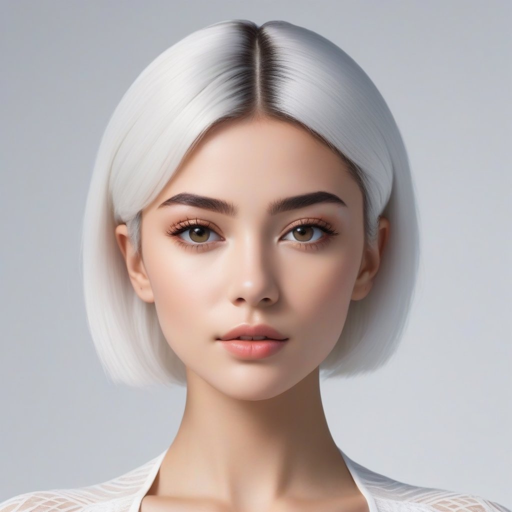 Create ultra-realistic miquela avatar, symmetrical face, symmetrical body, symmetrical pose, white hair, white background, Sony A7R IV, film stock photography, hyper-realistic, sharp focus, natural lighting with sub-surface dispersion. f/2 aperture, 35mm focal length, film grain. High quality image and great detail, 8k resolution.