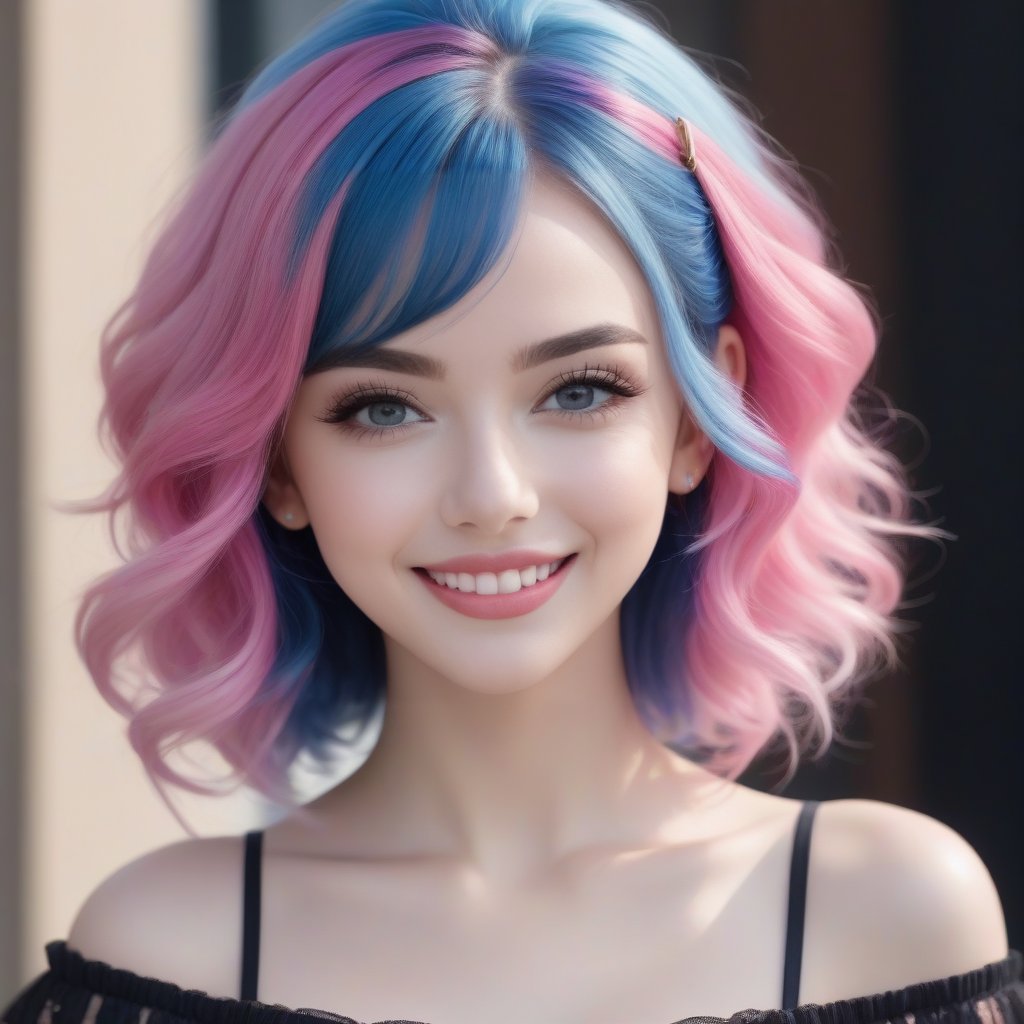 (Half-length image of a teenage girl: 1.4), (with bright pink and blue hair: 1.4), (pink, blue bright hair: 1.4), stunning fantasy 3D rendering, toothy smile, (blue eyes: 1.4) , (pale white skin: 1.4), upper body, (1 teen girl: 1.4), (beautiful blue eyes: 1.4), two-tone glamorous hairstyle, forbidden beauty, hyperreal, flutter cute aesthetic, detailed human, hair curly, exceptionally beautiful, dating app icon, high quality and high detail, 8k image.