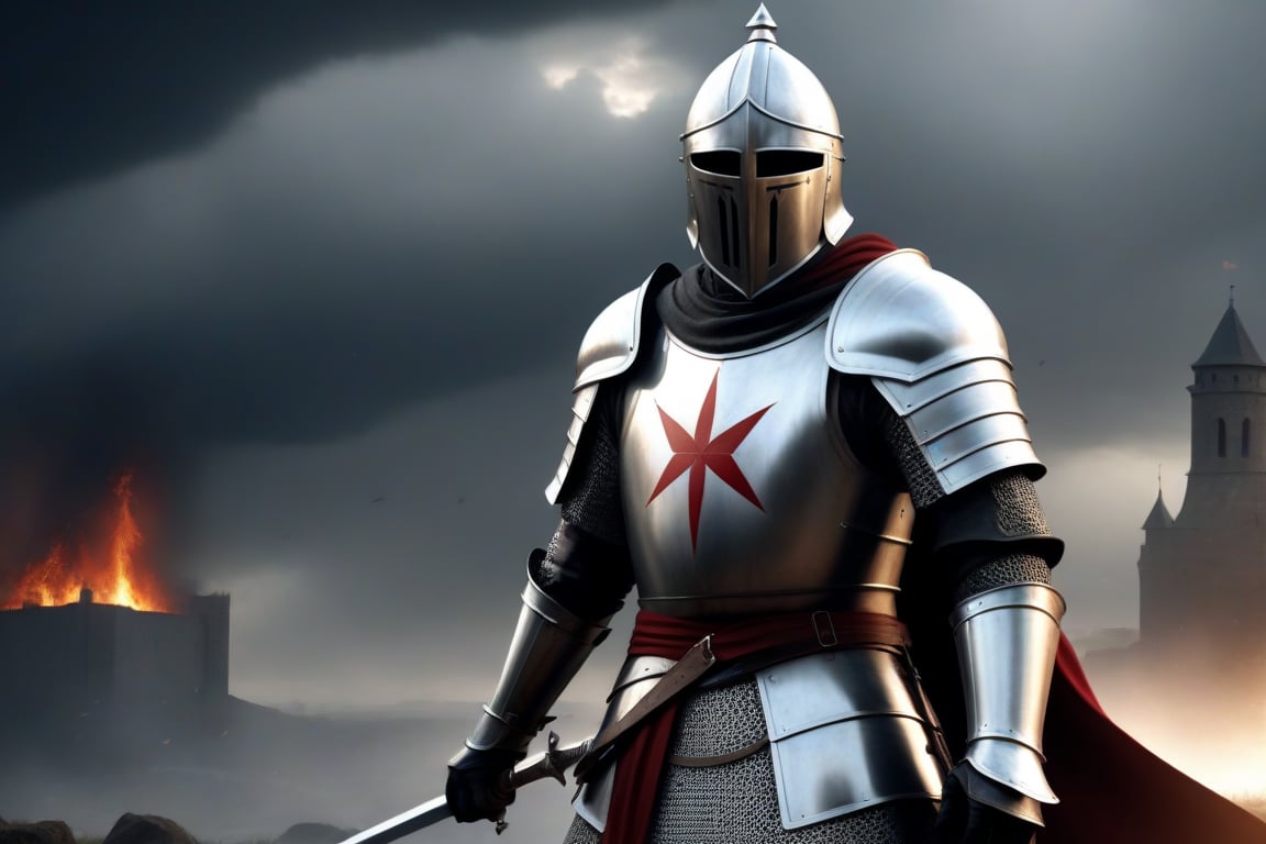 (Full-body Templar Knight: 1.4), with gloves on his hands: 1.4), (Realistic human: 1.4), low angle bathed in dramatic stormy light, enchanted armor gleaming, reigning victorious amidst the chaos of the battlefield, magic weapons flashing, fallen adversaries scattered, dark sky with impending storm, intense and heroic atmosphere. 3D animation, "epic", "orchestral", "cinematic", "heroic", and "thrilling", inspired by Two Steps from Hell. (In the background, flashes of fire: 1.4)