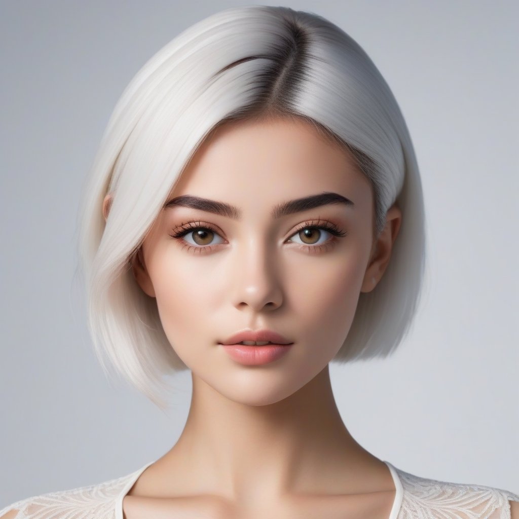 Create ultra-realistic miquela avatar, from the waist up, symmetrical face, symmetrical body, symmetrical pose, white hair, white background, Sony A7R IV, film stock photography, hyper-realistic, sharp focus, natural lighting with sub-surface dispersion. f/2 aperture, 35mm focal length, film grain. High quality image and great detail, 8k resolution.