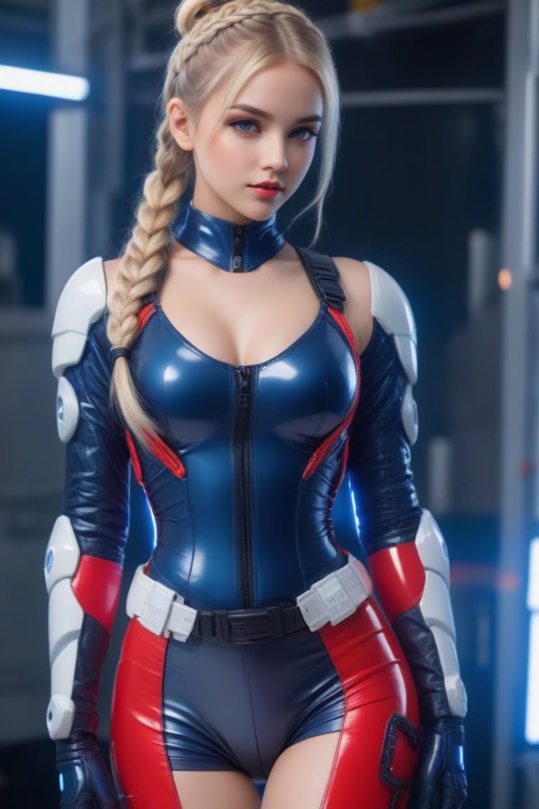 Blonde hair braided and tied back in a bun, forbidden beauty, cute 20 year old girl with her hands behind her back, shown standing and looking straight ahead, cyborg girl, LED mechanics, motherboard, ultra-detailed translucent plastic suit mixed with red and navy blue leather, the beautiful suit reveals her beautiful legs and waist, she wears gloves on her translucent plastic hands, futuristic.