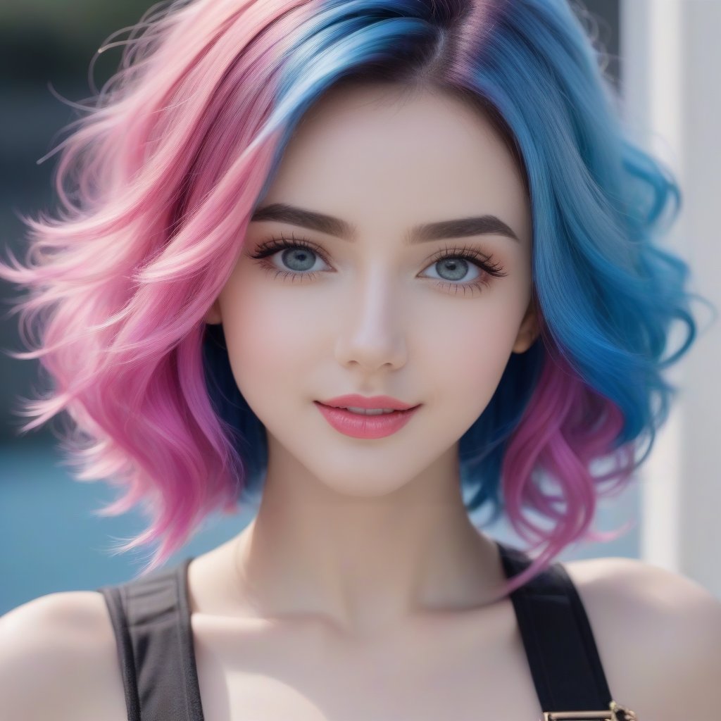 (Movie camera captures all her beauty), (Half-length image of a teenage girl: 1.4), (with bright pink and blue hair: 1.4), (pink, bright blue hair: 1.4), stunning Fantasy 3D rendering, smile, (blue eyes: 1.4), (pale white skin: 1.4), upper body, (1 teen girl: 1.4), (beautiful blue eyes: 1.4) , glamorous two tone hairstyle, forbidden beauty, hyperreal, cute flutter aesthetic, detailed human, curly hair, exceptionally beautiful, dating app icon, high quality and high detail, hyperrealistic, sharp focus, natural lighting with subsurface scattering. f/2 aperture, 35mm focal length, film grain. High quality image and great detail, 8k resolution.